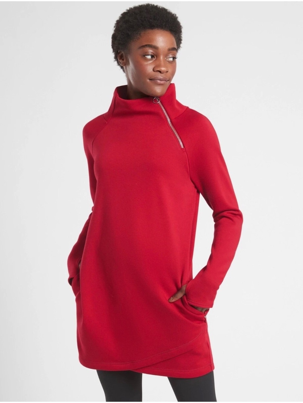 Athleta Cozy Karma Asym Sweatshirt Dress Red Fleece Mock Neck XS